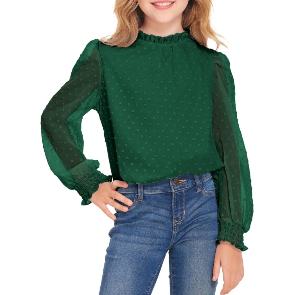 NWT Arshiner Girls Green Swiss Dot Ruffle Chiffon Long Sleeve Blouse Top 11-12
